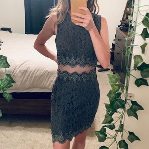 Grey-Blue Lace Cocktail Dress With Sheer Detail